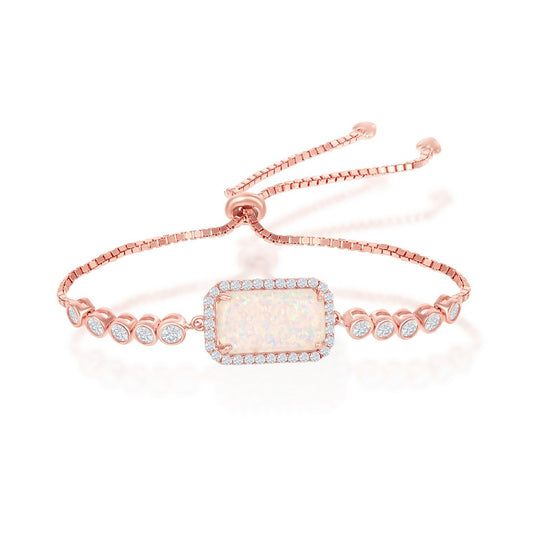 Sterling Silver Rectangle White Opal with CZ Border Adjustable Bolo Bracelet - Rose Gold Plated