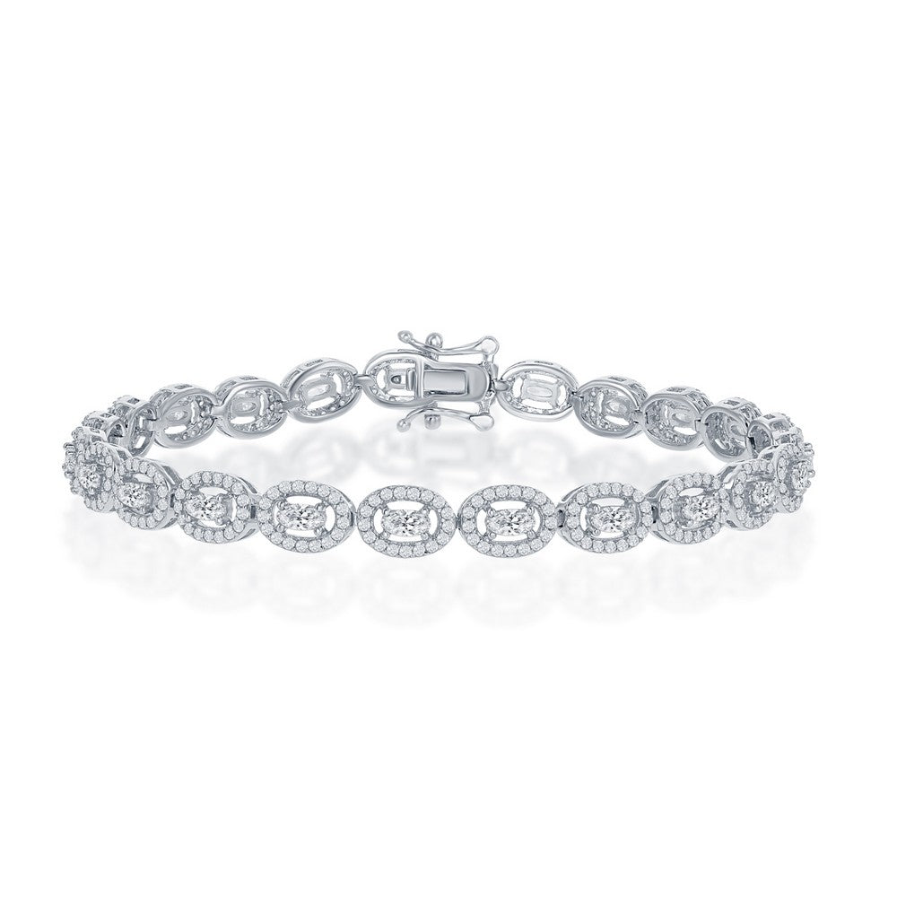 Sterling Silver Halo CZ Oval Linked Bracelet