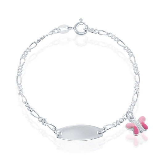 Sterling Silver Kid-ID Bracelet, Pink Butterfly Enamel Charm