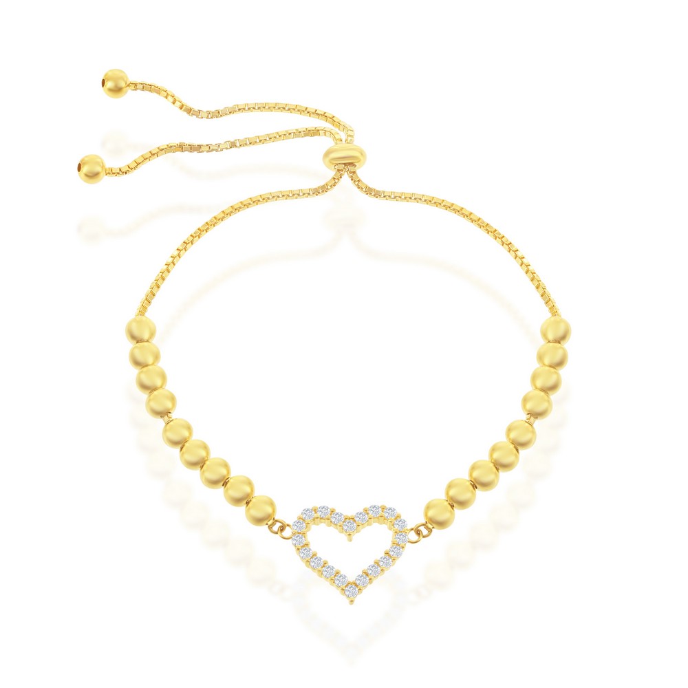 Sterling Silver CZ Heart Beaded Adjustable Bolo Bracelet - Gold Plated