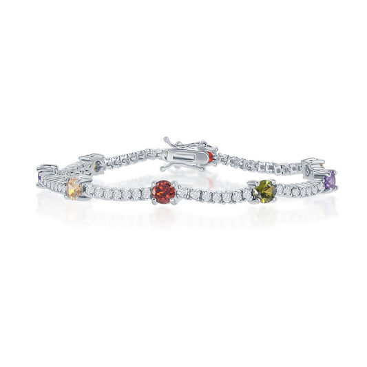 Sterling Silver Garnet, Champagne, Lavender and Peridot CZ Alternating Bracelet