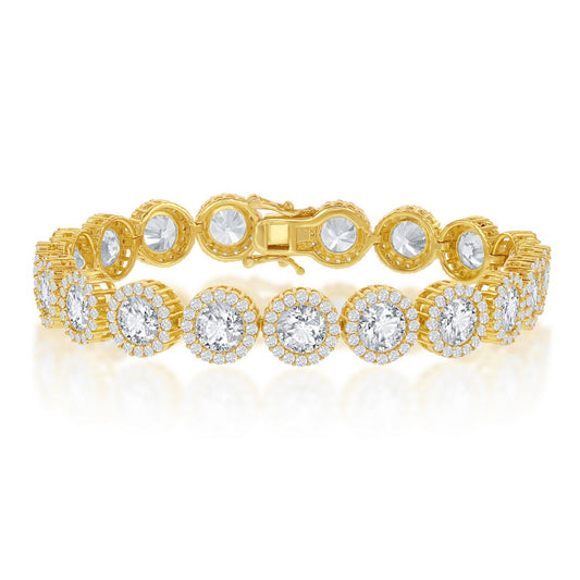 Sterling Silver Round Halo CZ Tennis Bracelet - Gold Plated
