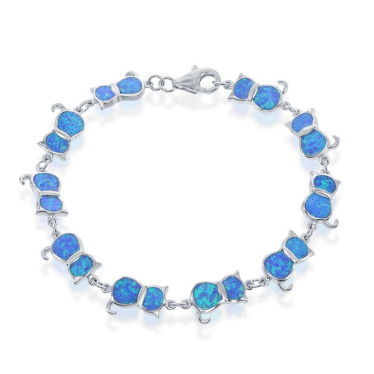 Sterling Silver Blue Inlay Opal Cat Linked Bracelet