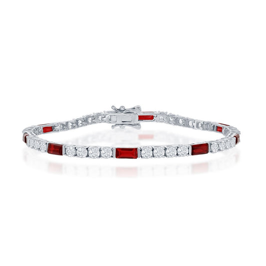 Sterling Silver Round and Emerald-Cut 3mm Tennis Bracelet - Ruby CZ