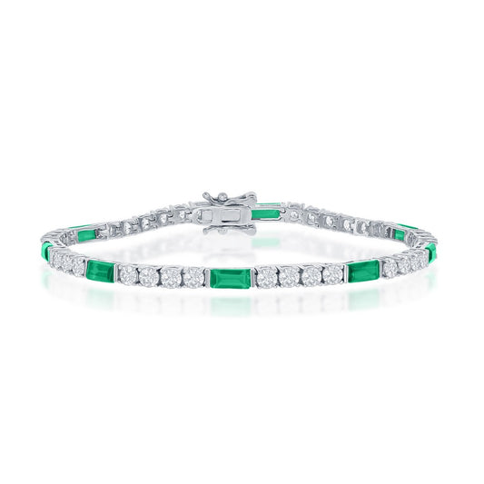 Sterling Silver Round and Emerald-Cut 3mm Tennis Bracelet - Sapphire CZ