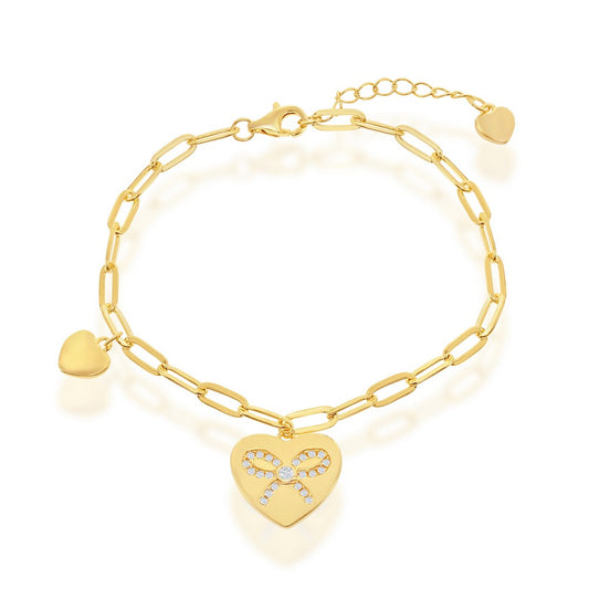 Sterling Silver Heart with CZ Ribbon Paperclip Bracelet - Gold Plated