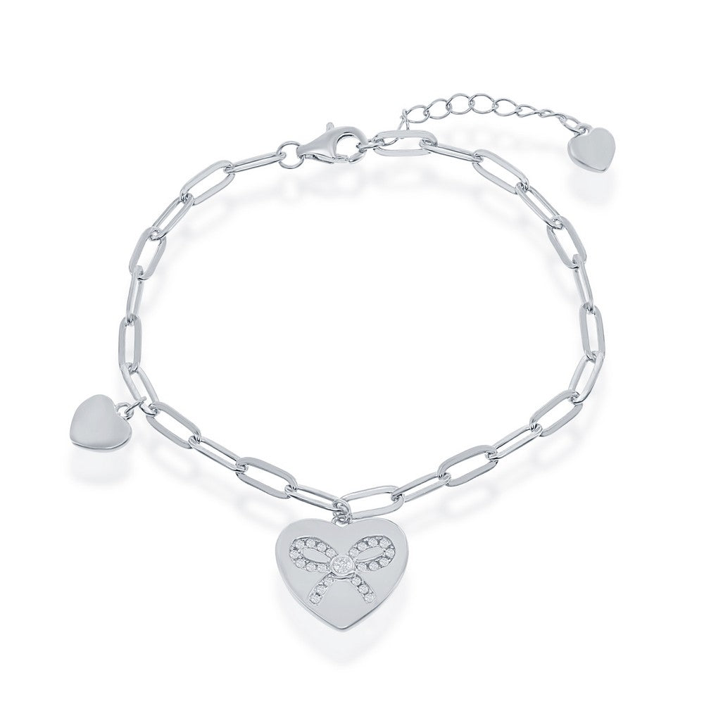 Sterling Silver Heart with CZ Ribbon Paperclip Bracelet