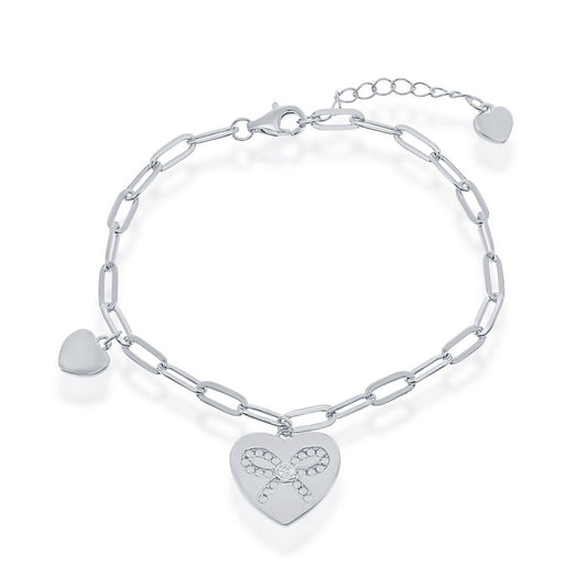 Sterling Silver Heart with CZ Ribbon Paperclip Bracelet