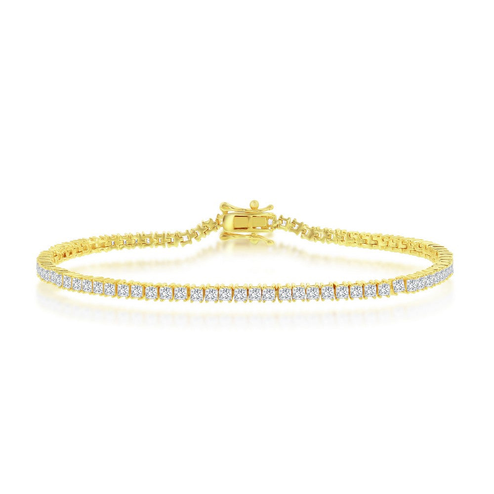 Sterling Silver 3mm Princess-Cut CZ Tennis Bracelet - Gold Plated