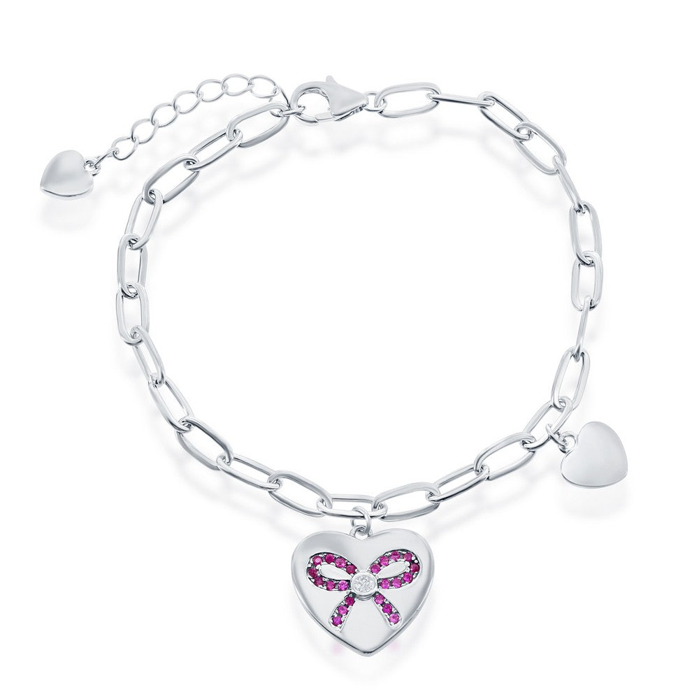 Sterling Silver Heart with Ruby CZ Ribbon Paperclip Bracelet