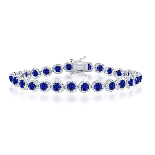 Sterling Silver Round Halo White & Sapphire CZ Linked Bracelet