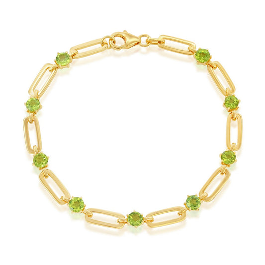 Sterling Silver 4.5mm Round, 3.6cttw Gem, Gold Plated Paperclip Bracelet - Peridot