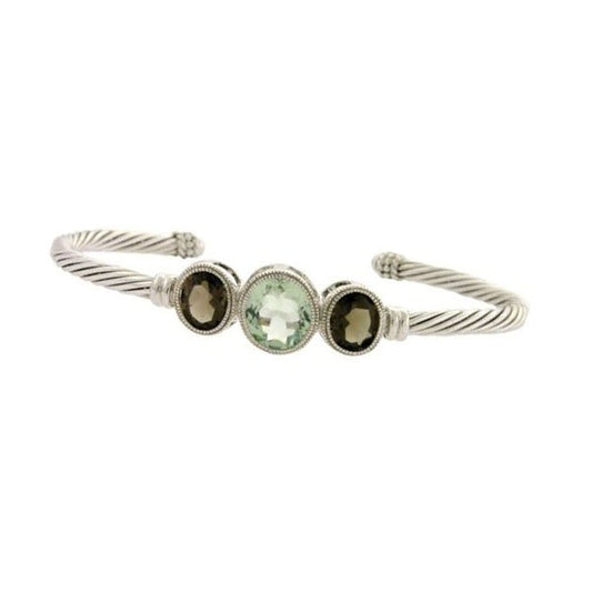 Sterling Silver Twisted Rope Bangle with Center Smokey and Green CZ Circles
