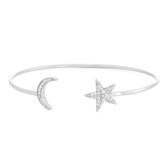 Sterling Silver CZ Crescent Moon and Star Open Cuff Bangle