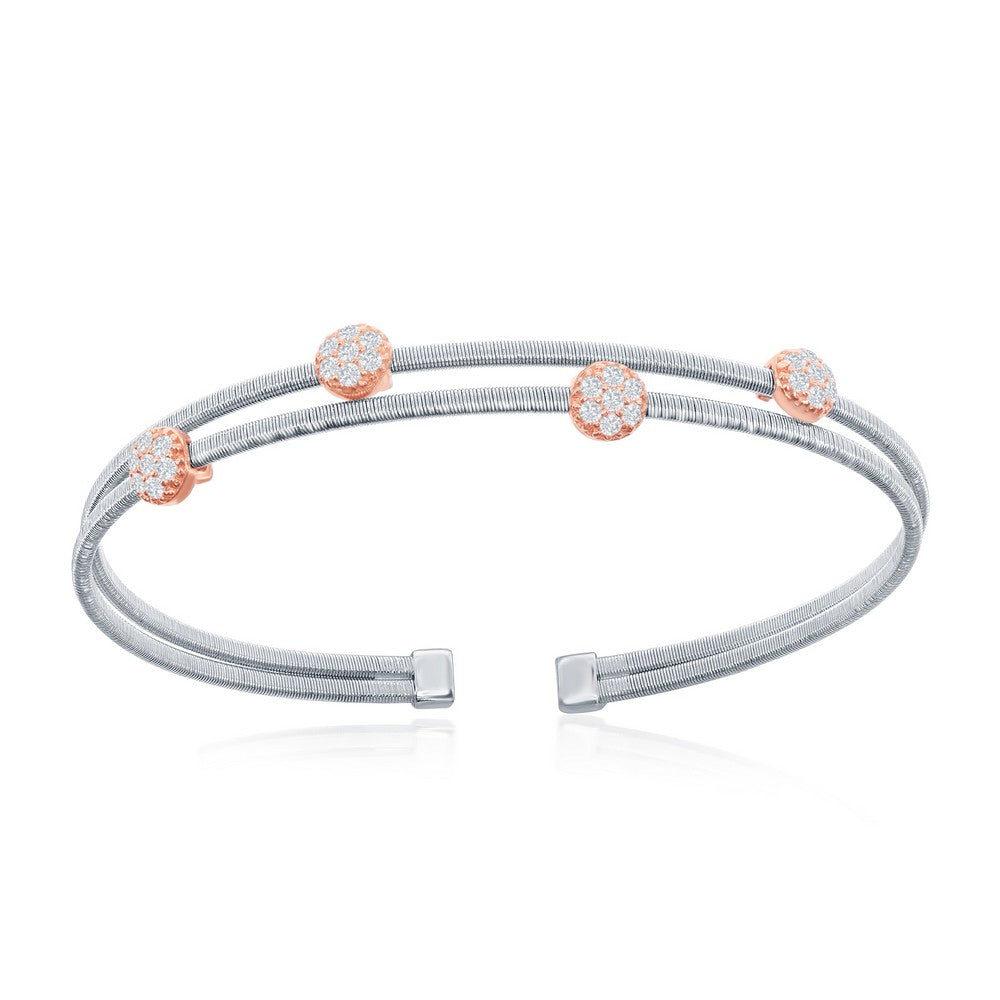 Sterling Silver Wire Designer Bangle, Set with CZ, Bonded with 14K Rose Gold, MADE IN ITALY