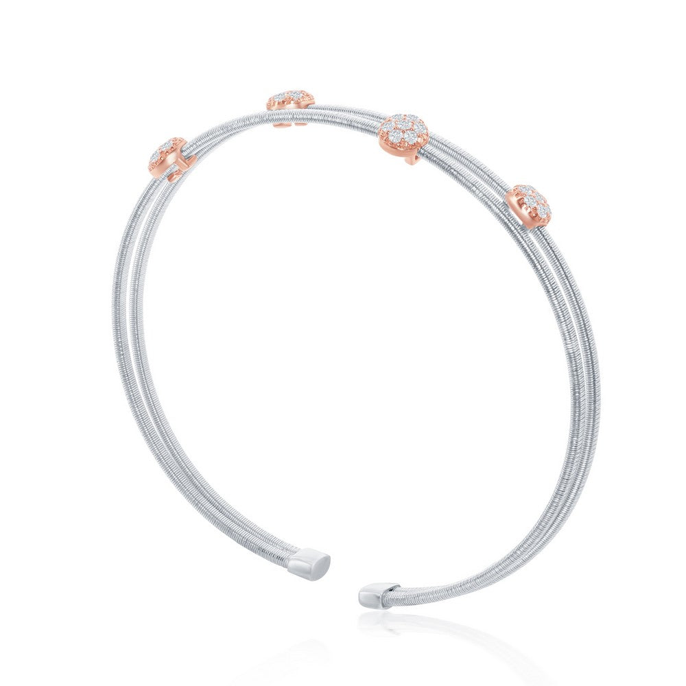 Sterling Silver Wire Designer Bangle, Set with CZ, Bonded with 14K Rose Gold, MADE IN ITALY