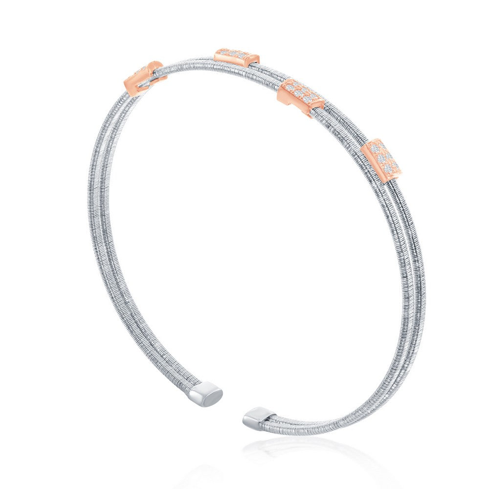 Sterling Silver Wire Designer Bangle, Set with CZ, Bonded with 14K Rose Gold, MADE IN ITALY
