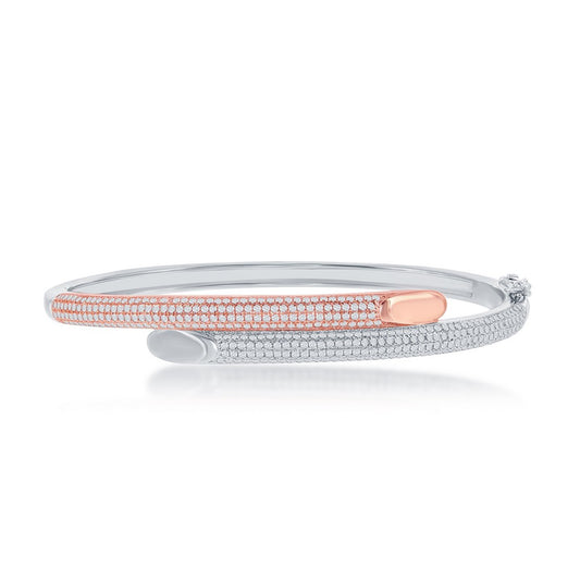 Sterling Silver Micro Pave Bottom Flat Overlapping Bangle - Rose Gold Plating