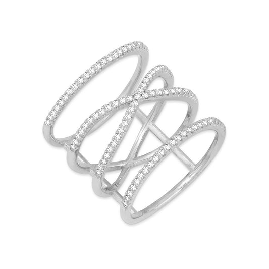 Sterling Silver Open X with Border CZ Ring