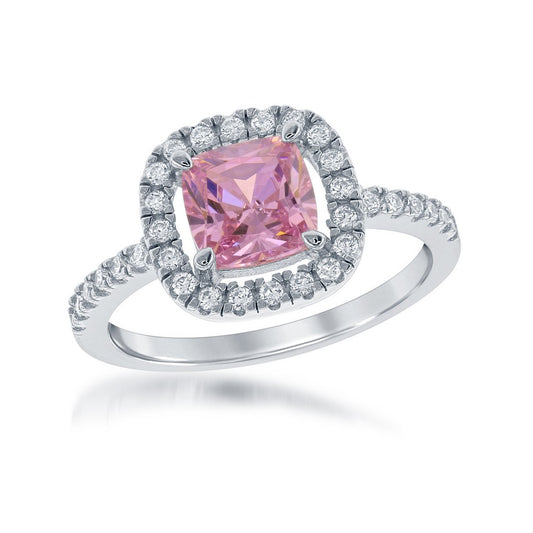 Sterling Silver White CZ Square Ring - Pink