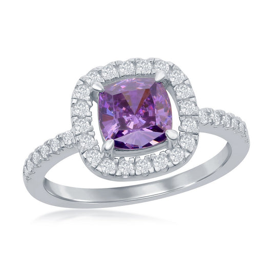 Sterling Silver White CZ Square Ring - Amethyst