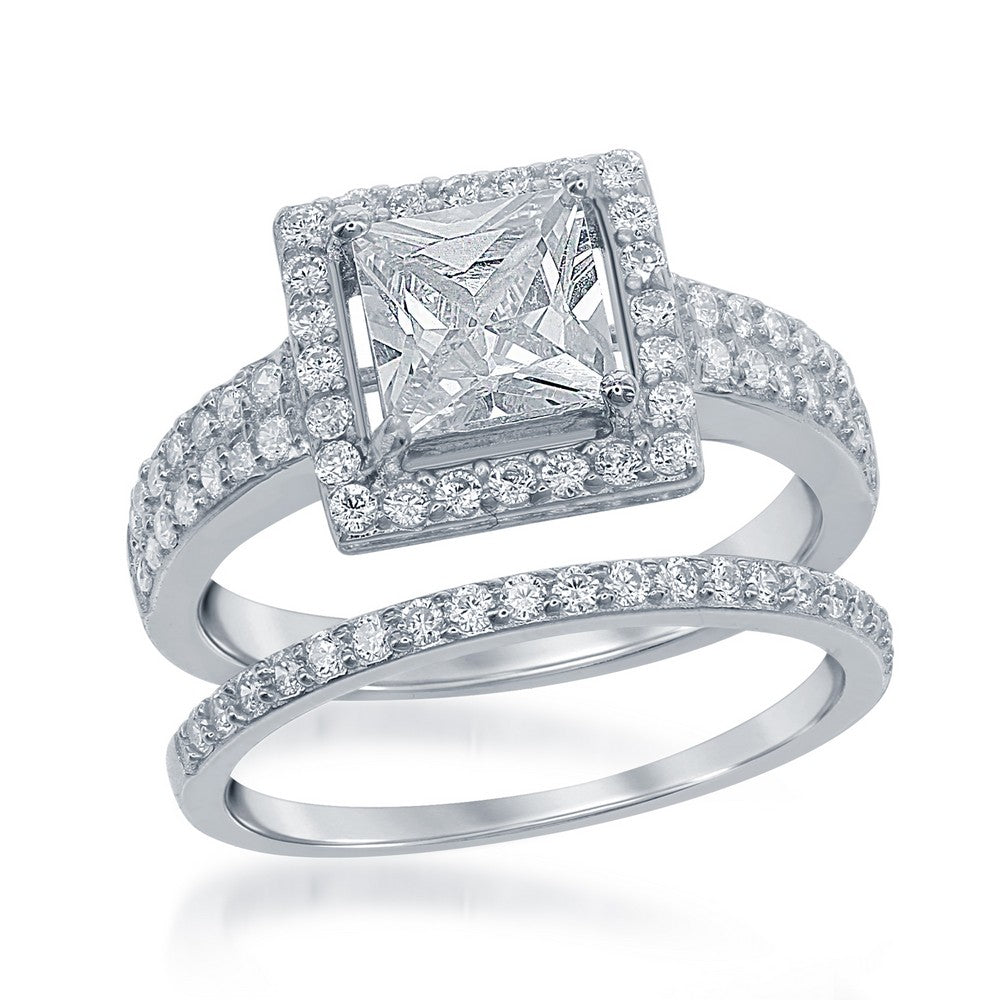 Sterling Silver Square Shaped CZ Engagement Ring Set