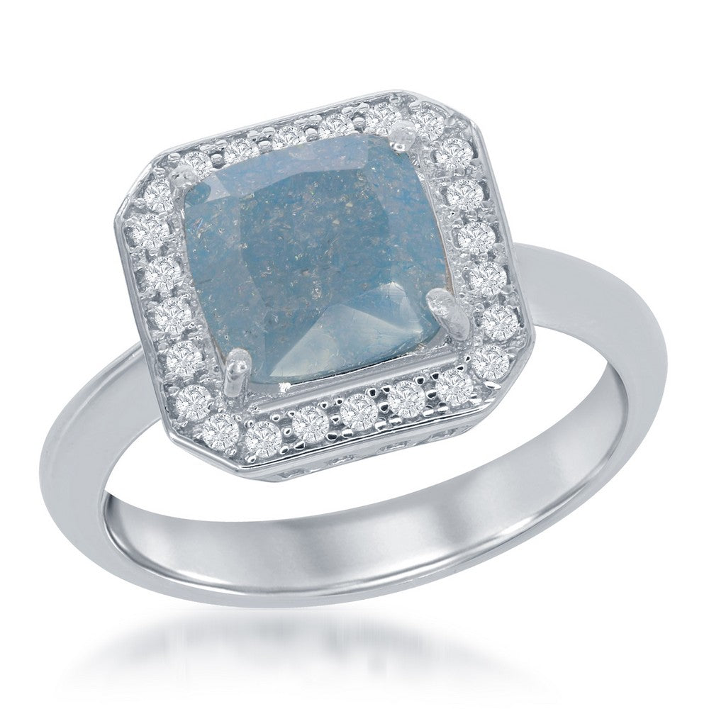 Sterling Silver Square Blue Ice with CZ Border Ring