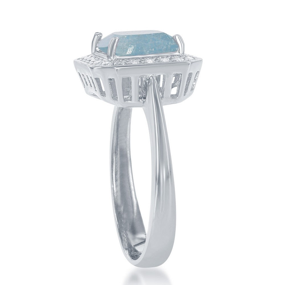 Sterling Silver Square Blue Ice with CZ Border Ring