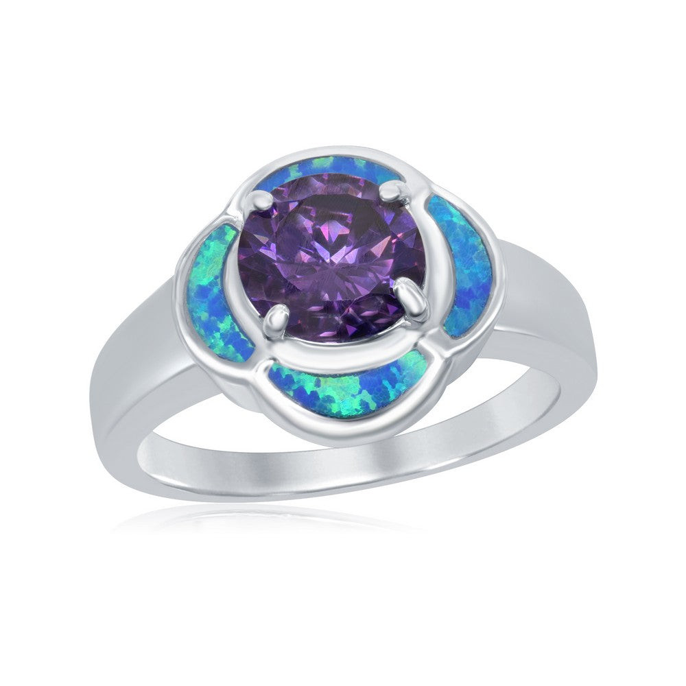 Sterling Silver Blue Inlay Opal Flower with Center Amethyst Ring
