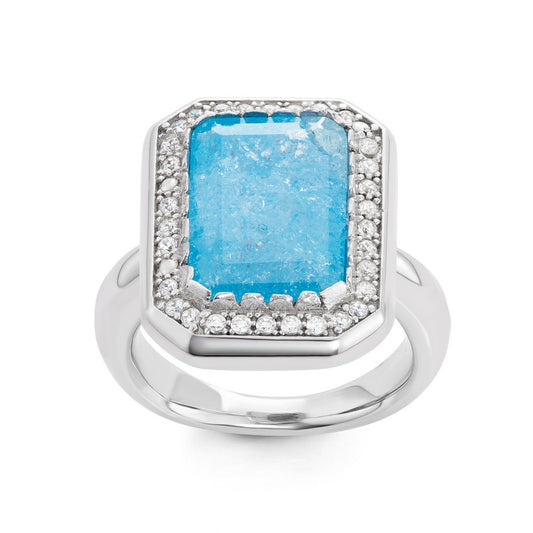 Sterling Silver Large Rectangle Blue Ice with CZ Border Ring