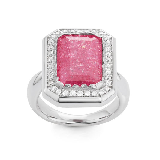 Sterling Silver Large Rectangle Dark Pink Ice with CZ Border Ring