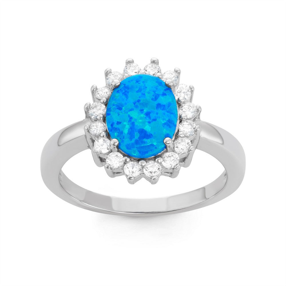 Sterling Silver Blue Inlay Opal Oval with CZ Border Ring