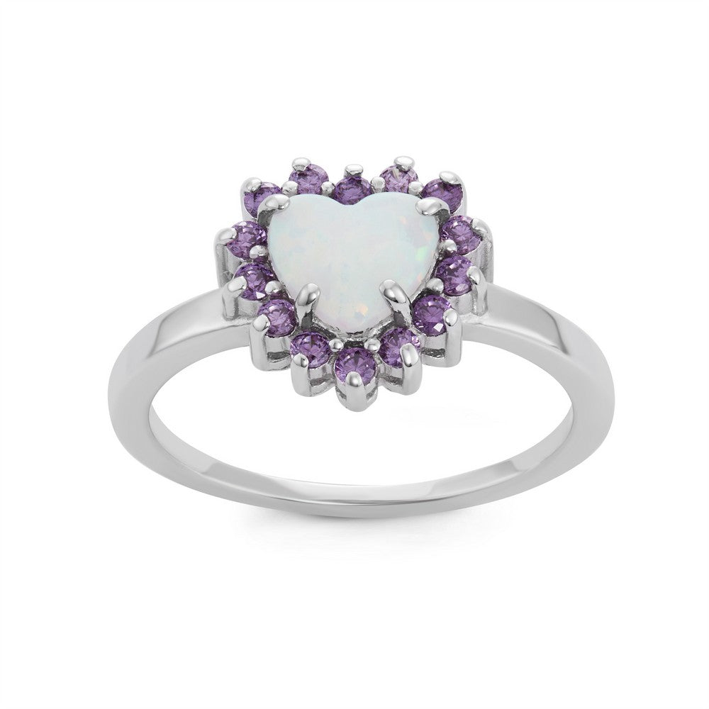 Sterling Silver White Inlay Opal Heart with Amethyst CZ Border Ring