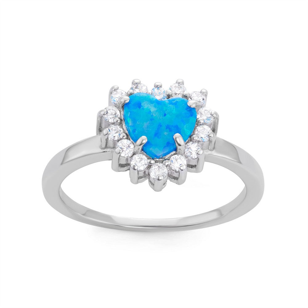 Sterling Silver Blue Inlay Opal Heart with CZ Border Ring