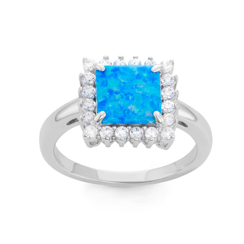 Sterling Silver Blue Inlay Opal Square with CZ Border Ring