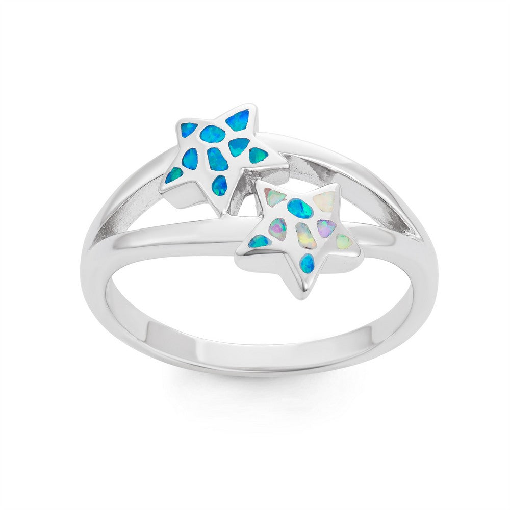 Sterling Silver Blue Inlay Opal Double Starfish Ring