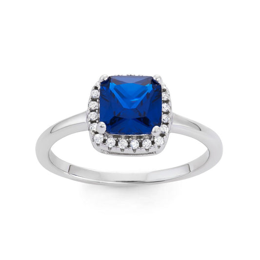Sterling Silver Square Dark Blue CZ with Clear CZ Border Engagement Ring
