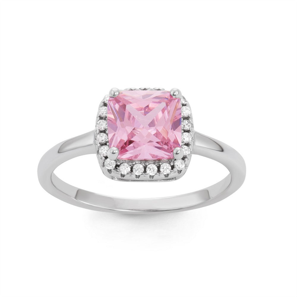 Sterling Silver Square Pink CZ with Clear CZ Border Engagement Ring