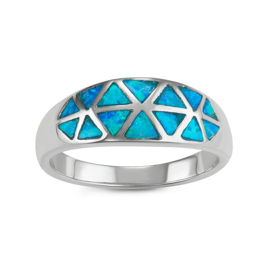 Sterling Silver Blue Inlay Opal Triangle Double Row Ring