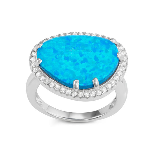 Sterling Silver Blue Inlay Opal Rounded Triangle with CZ Border Ring