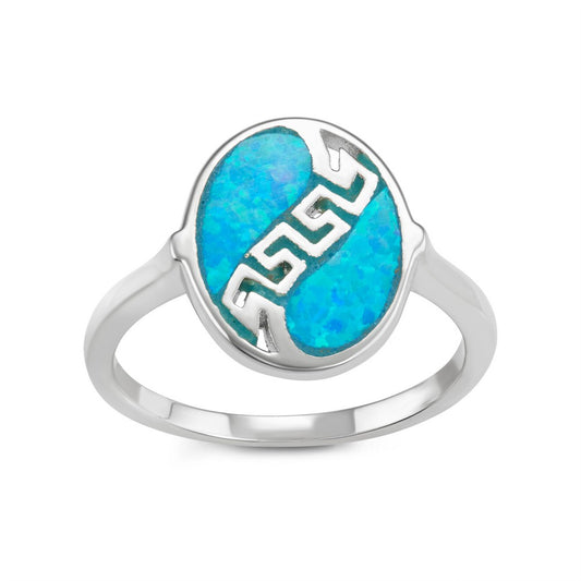 Sterling Silver Oval Blue Inlay Opal with Greek Key Design Ring