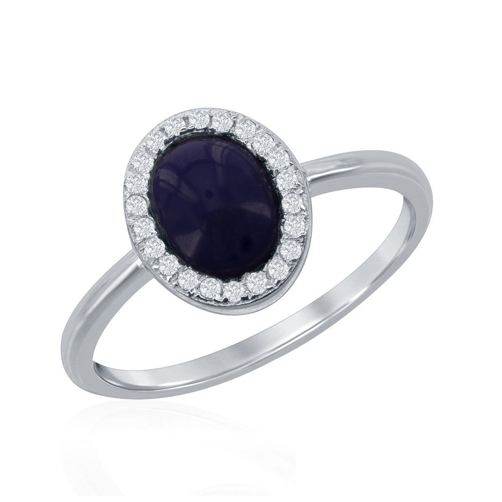 Sterling Silver Oval Navy Blue Lapis Stone with CZ Border Ring