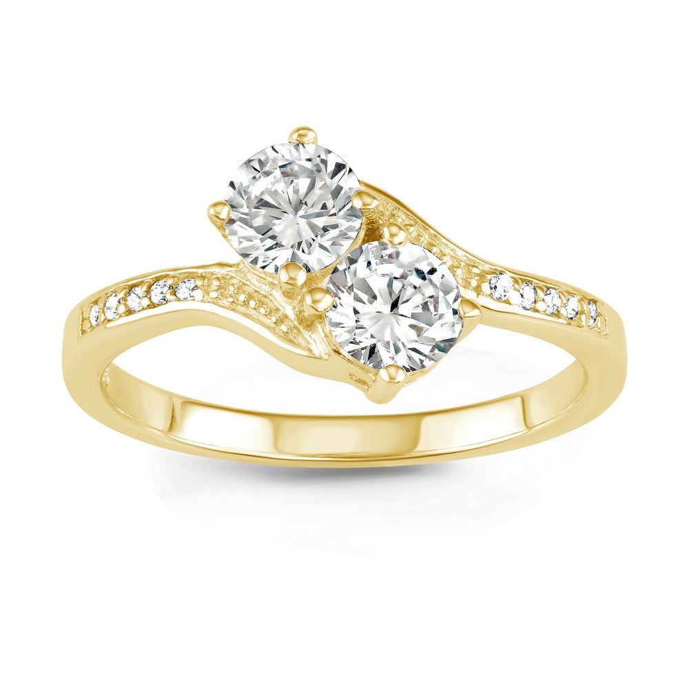 Sterling Silver Us2gether 5mm Round Two-Stone CZ with Half CZ Band Ring - Gold Plated