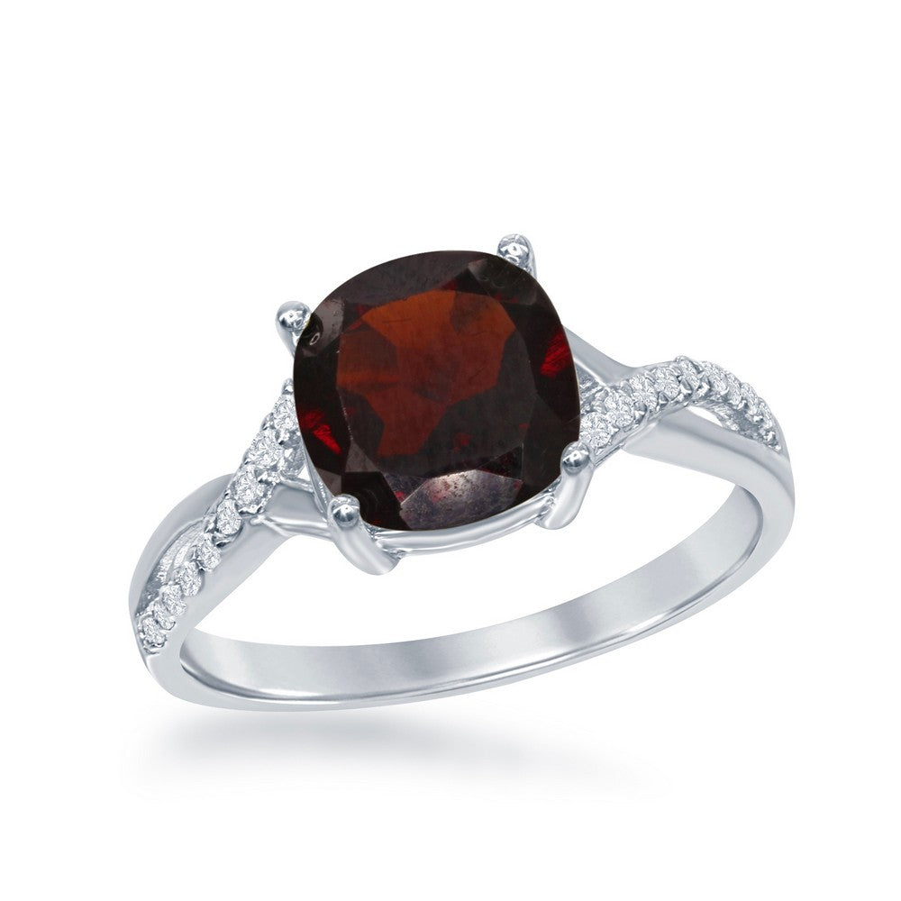 Sterling Silver Small Square Garnet with White Topaz on Side Ring