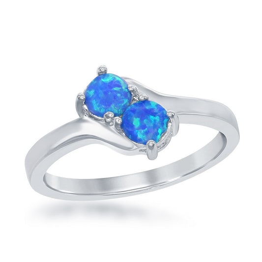 Sterling Silver Us2gether Oval Two-Stone Side by Side Round Blue Opal with CZ Ring
