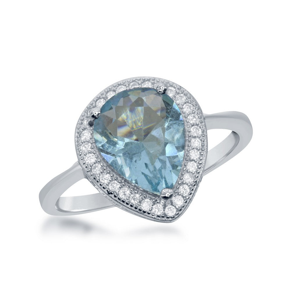 Sterling Silver Teardrop Simulated Blue Topaz with CZ Border Ring