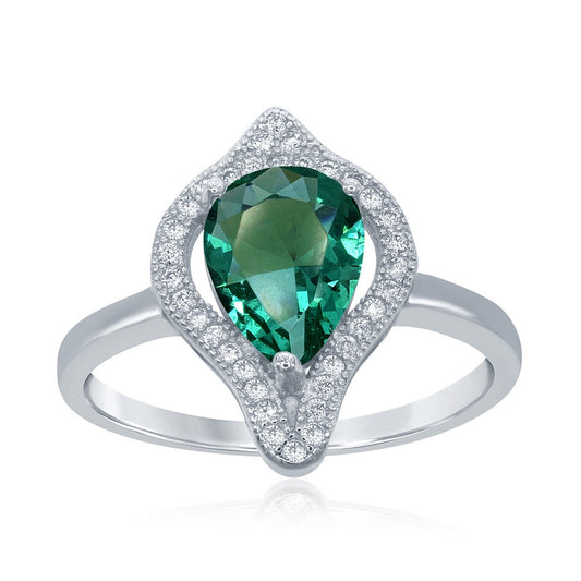 Sterling Silver Large Teardrop Simulated Emerald with CZ Border Ring