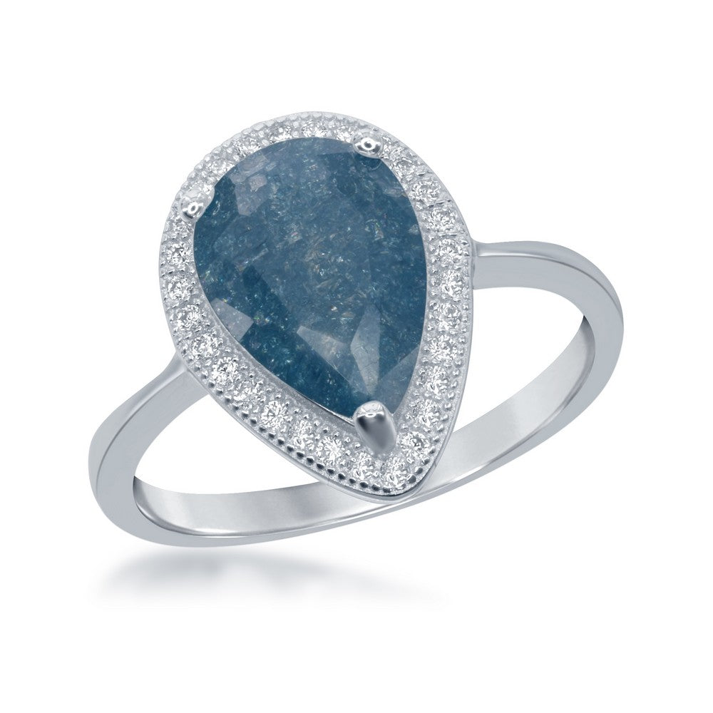 Sterling Silver Teardrop Blue Ice with CZ Border Ring