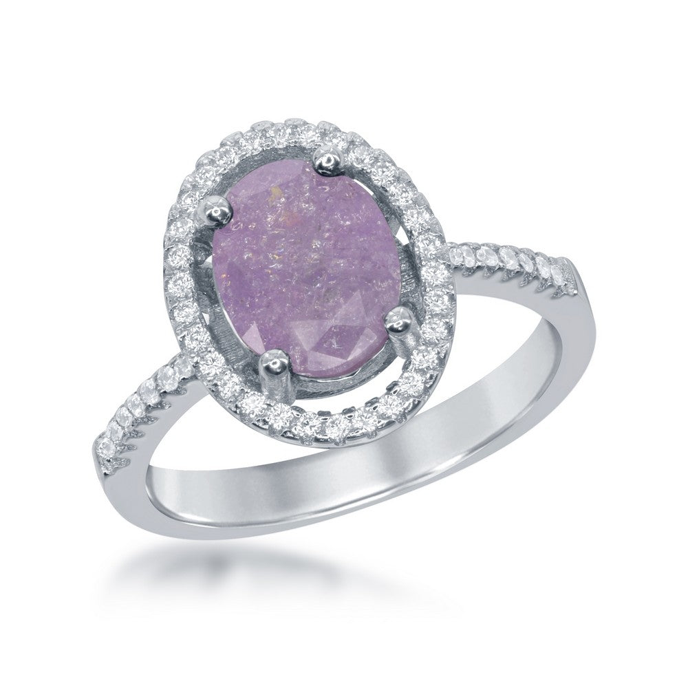 Sterling Silver Oval Purple Ice with CZ Border Ring