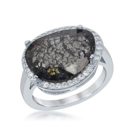 Sterling Silver Oval Black Ice with CZ Border Ring